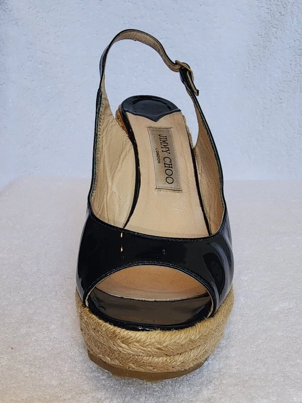 Jimmy Choo Navy Patent Leather Peep Toe Slingback Espadrille Platform Wedges